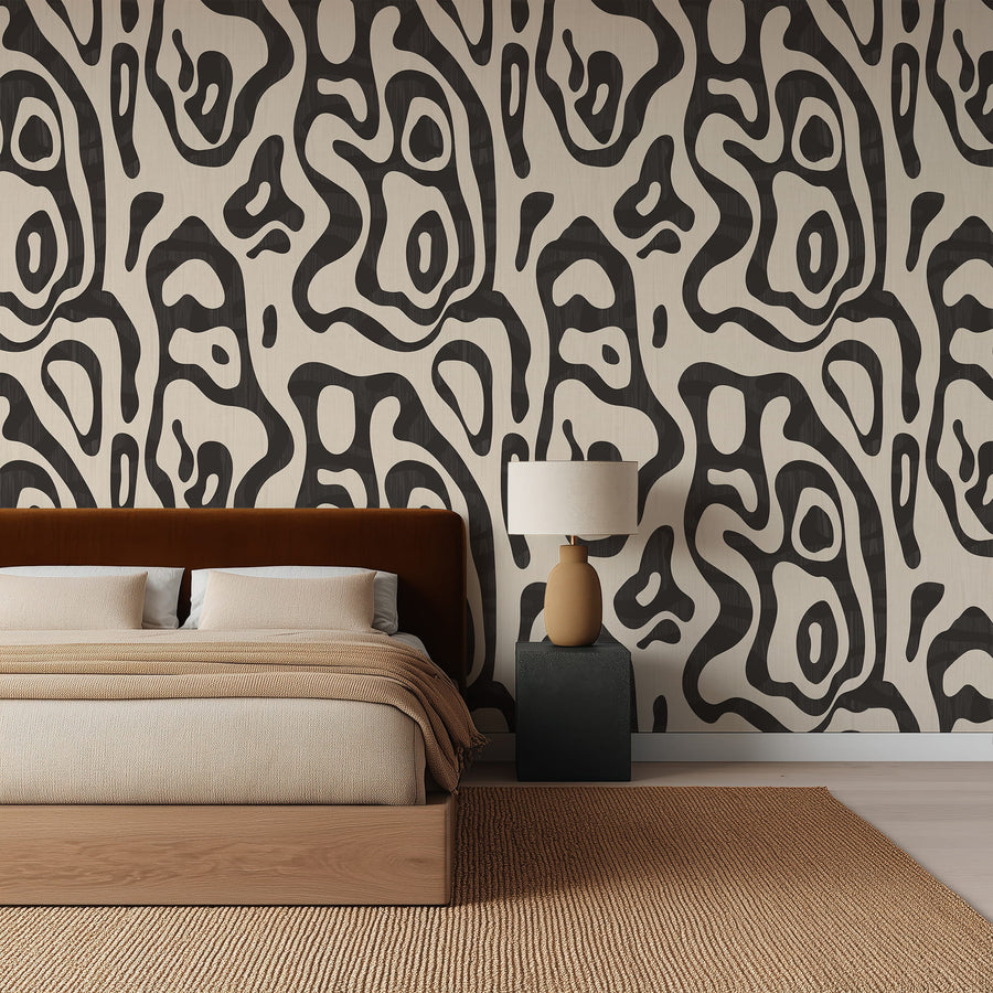 Modern bedroom with Abstract Topography Wallpaper – Black & Cream Organic Contour