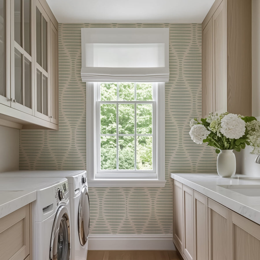Modern laundry room with Sage Ogee Sketch Ovals Wallpaper