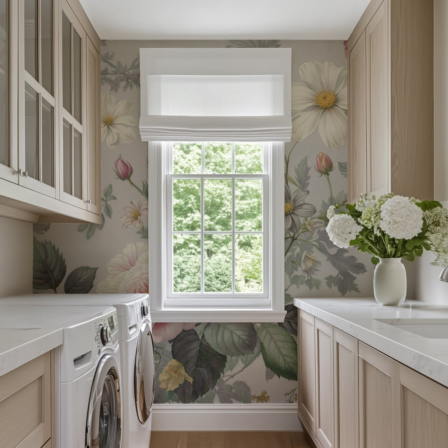 Modern laundry room with Vintage Pastel Grey & Pink Botanical Floral Wall Mural in the background