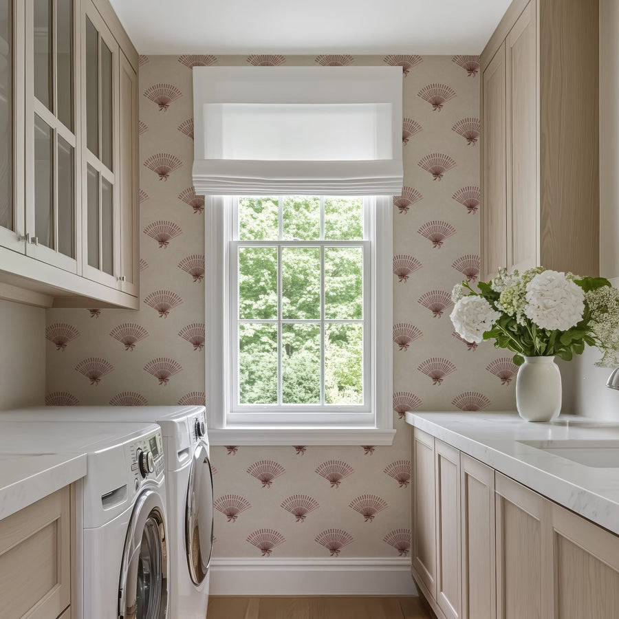 Modern laundry room with washing machine, dryer, and Neutral Pink Preppy Coquette Bow Fan Wallpaper