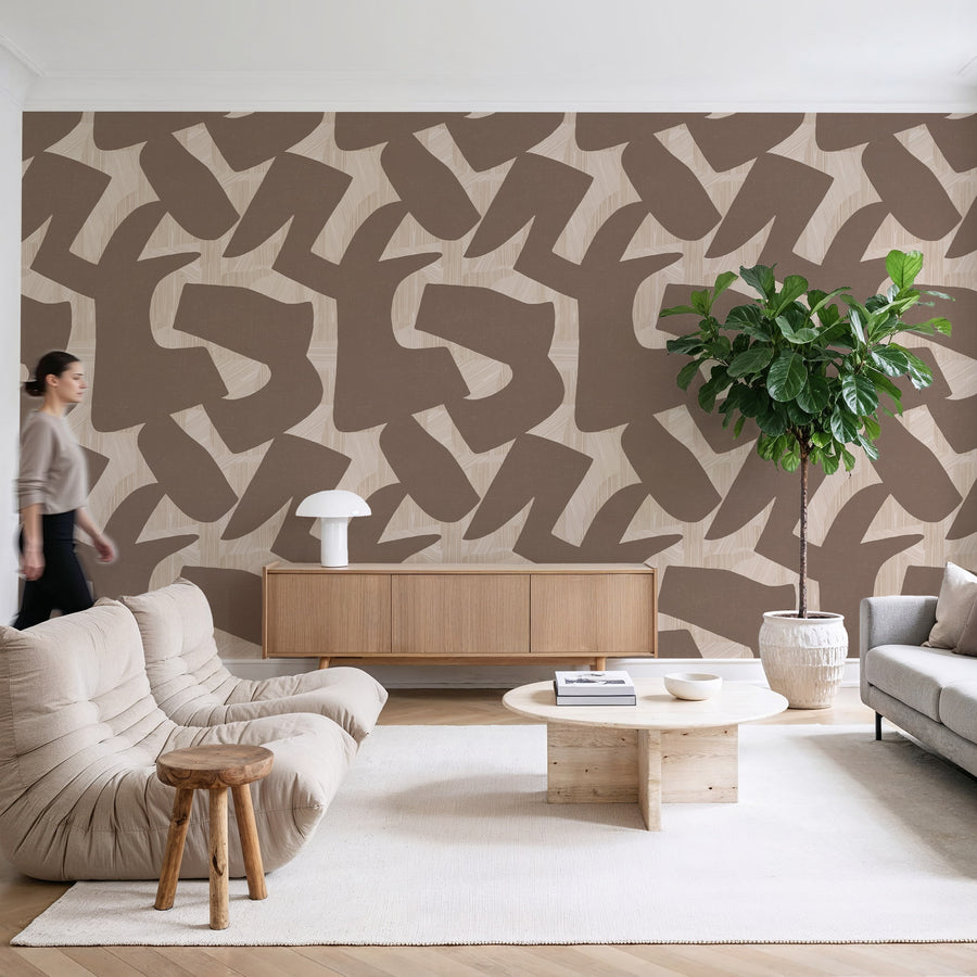 Modern living room with Abstract Intarsia Wallpaper – Brown & Cream Texture