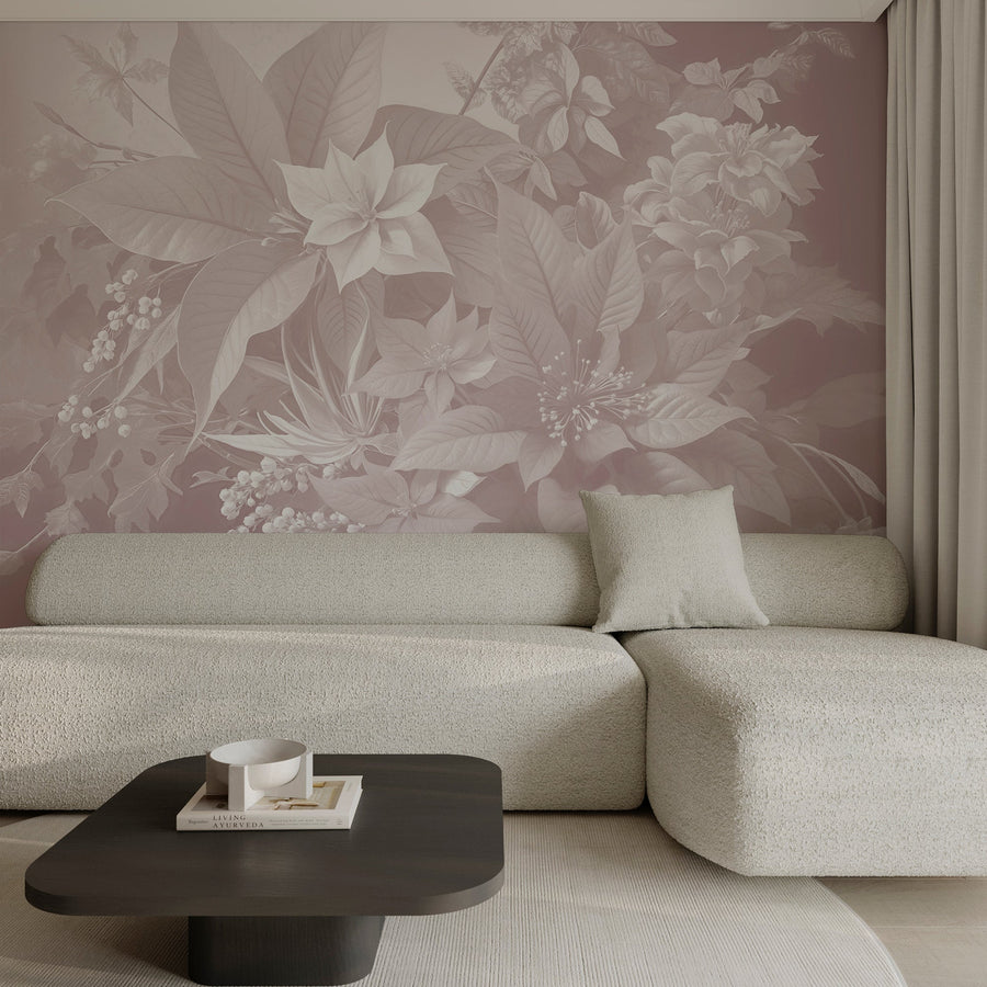 Modern living room with a Dusty Mauve Vintage Botanical Wall Mural