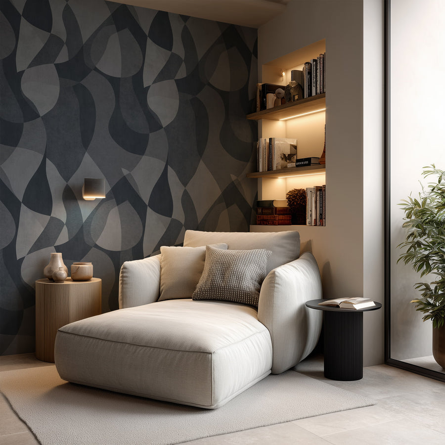 Modern living room with a white sofa, Mid-Century Abstract Curves Wallpaper – Navy & Slate Blue