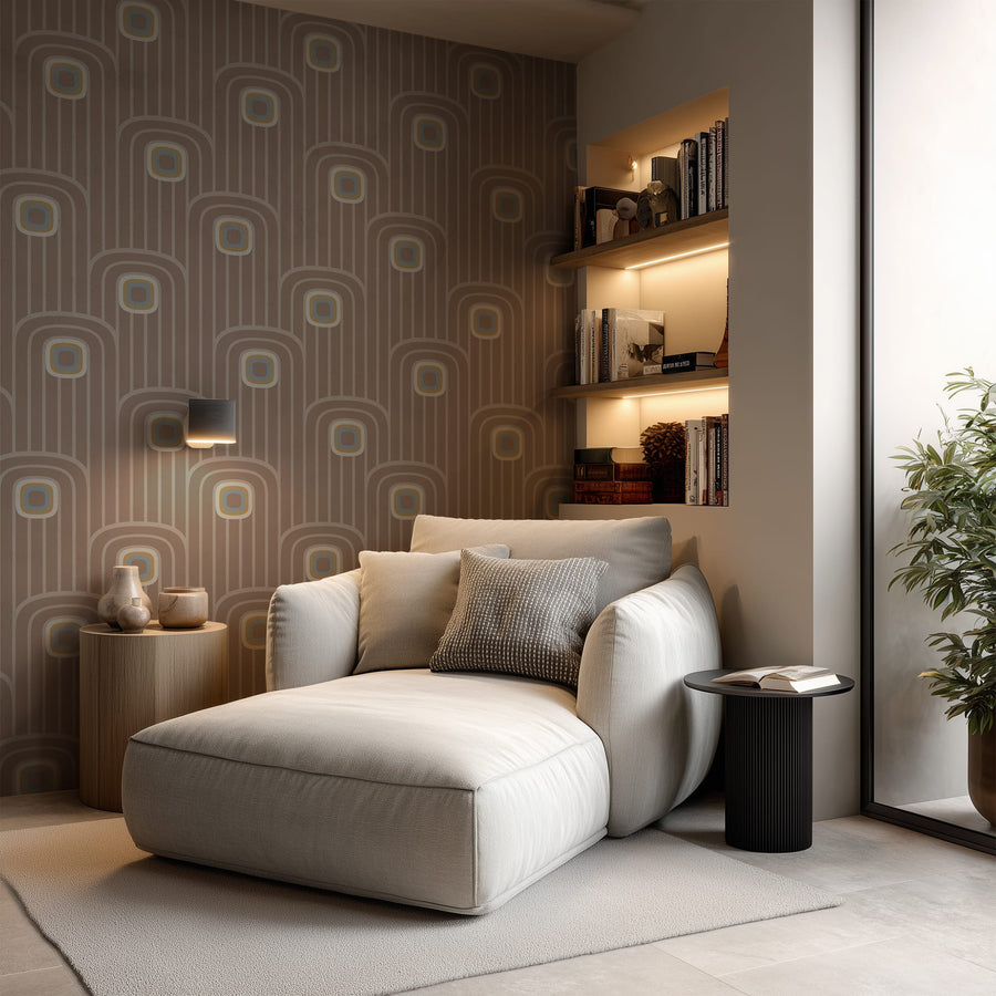 Modern living room with a white sofa and Brown 70s Retro Mod Arch Geometric Wallpaper