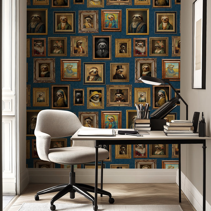 Modern office with Vintage Sloth Portrait Wallpaper