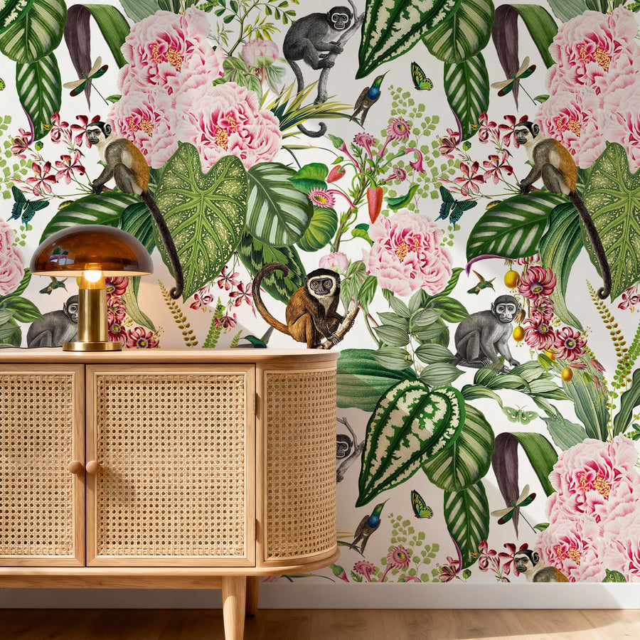 Modern room with Jungle Paradise Wallpaper with Pink Flowers & Monkeys