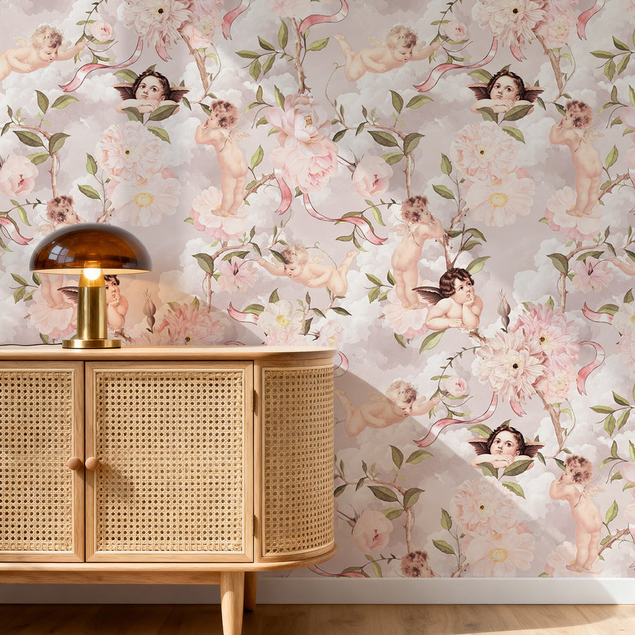 Modern room with Pink Cherub Wallpaper – Vintage Peonies & Angels Pattern