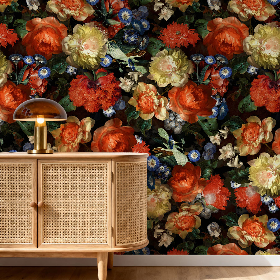 Moody Floral Wallpaper – Dutch Master Oil Painting with a wooden cabinet and lamp in the foreground