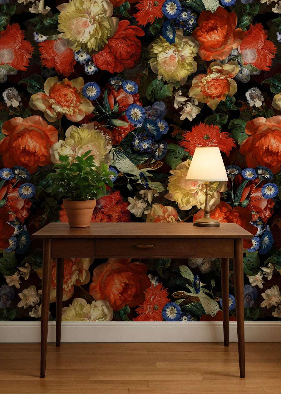 Moody Floral Wallpaper – Dutch Master Oil Painting with a wooden desk and lamp in the foreground