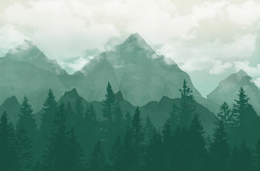 Serene Mountain Forest Wallpaper - Tranquil Green Landscape Mural