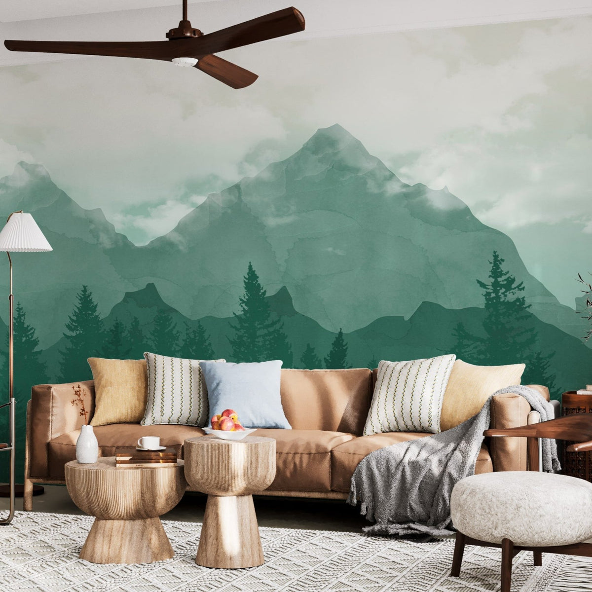 Serene Mountain Forest Wallpaper | Tranquil Green Landscape Mural for