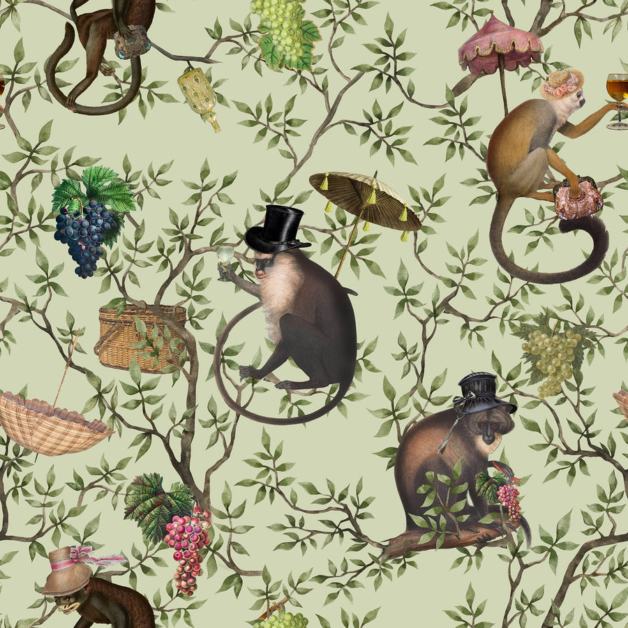 Patterned wallpaper with monkeys, flowers, and leaves on a light green background