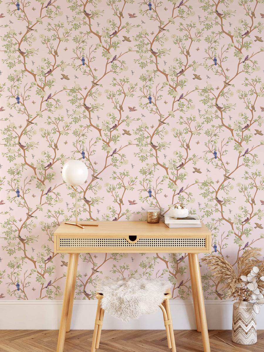 Pink Camellia Blossom Tree Chinoiserie Oriental Wallpaper
