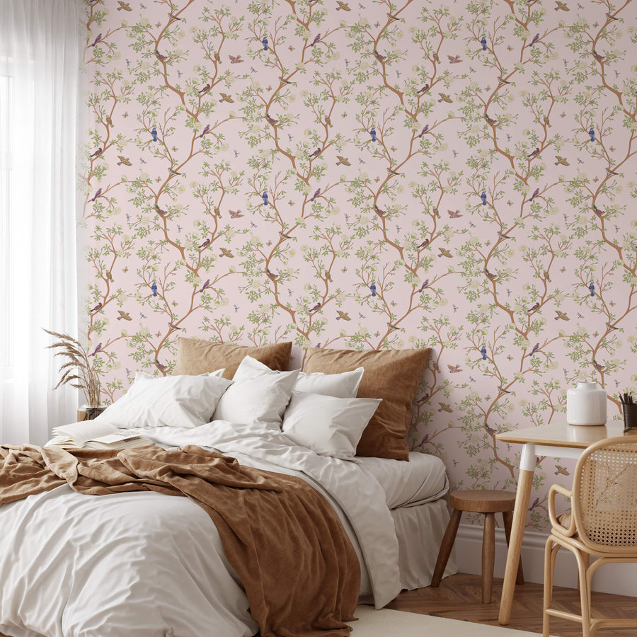 Pink Camellia Blossom Tree Chinoiserie Oriental Wallpaper