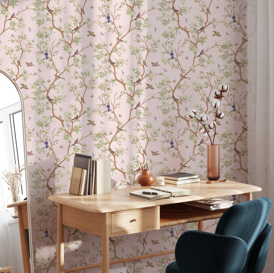 Pink Camellia Blossom Tree Chinoiserie Oriental Wallpaper