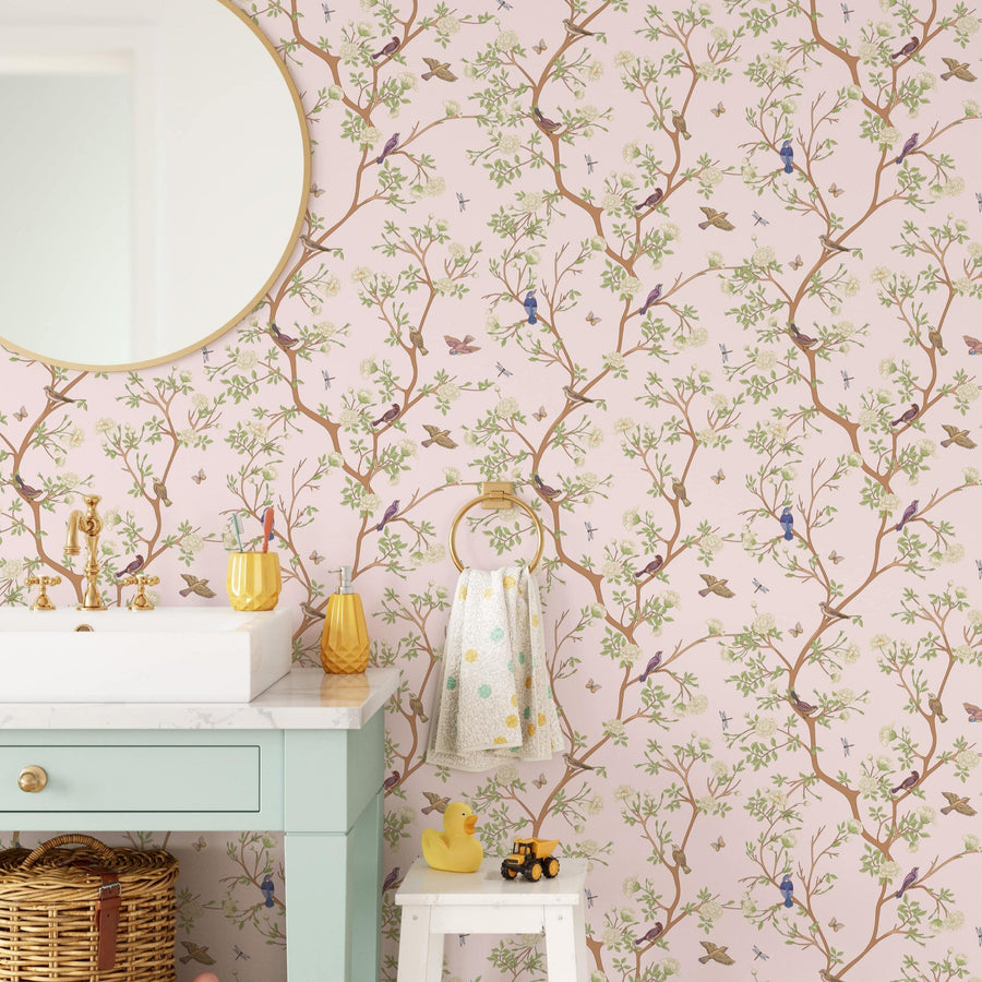Pink Camellia Blossom Tree Chinoiserie Oriental Wallpaper