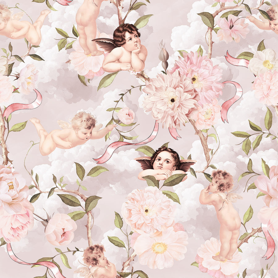 Pink Cherub Wallpaper – Vintage Peonies & Angels Pattern