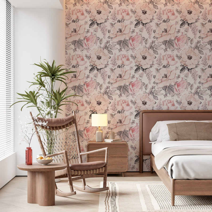 Pink Watercolor Flowers Wallpaper Peel and stick Wallpaper