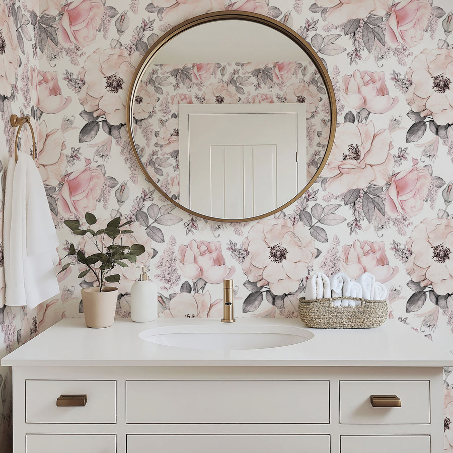 Pink Watercolor Flowers Wallpaper Peel and stick Wallpaper