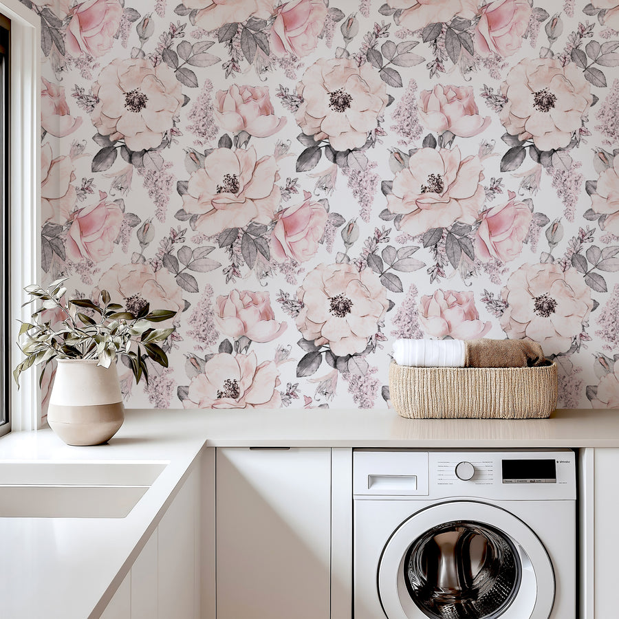 Pink Watercolor Flowers Wallpaper Peel and stick Wallpaper