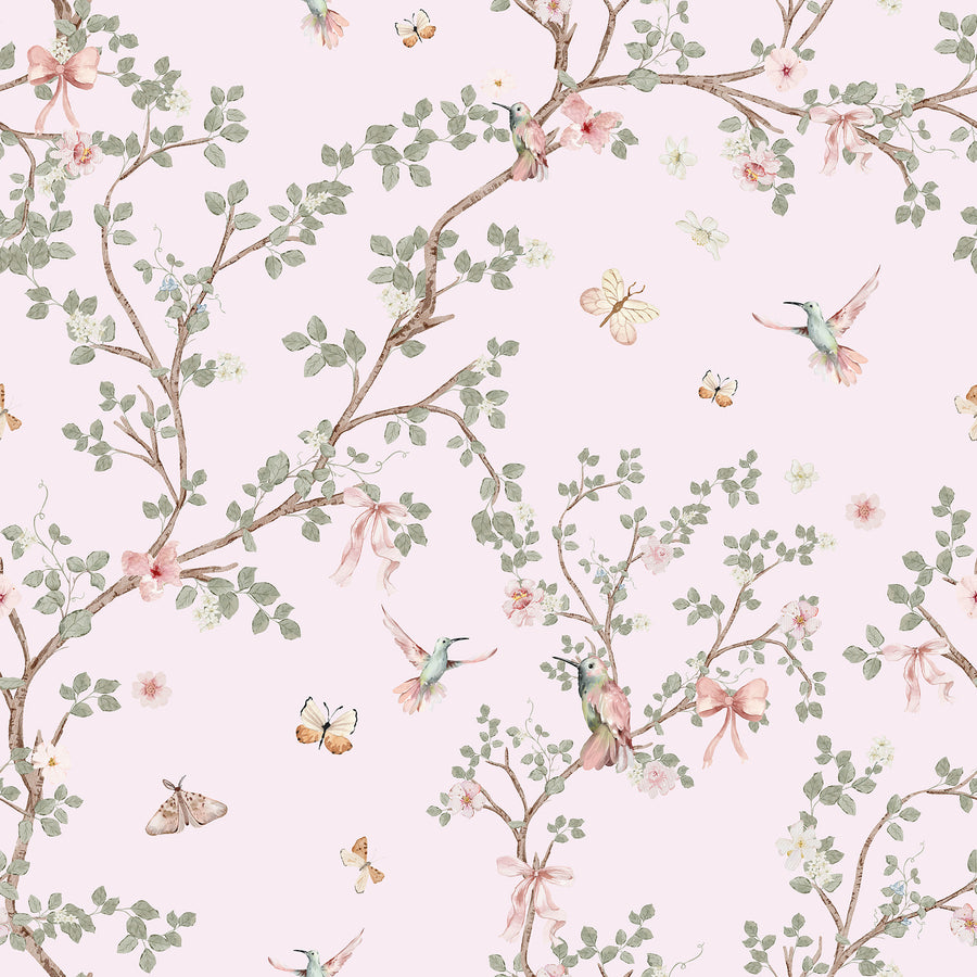 Pink Hummingbird Wallpaper – Chinoiserie Branches & Bows