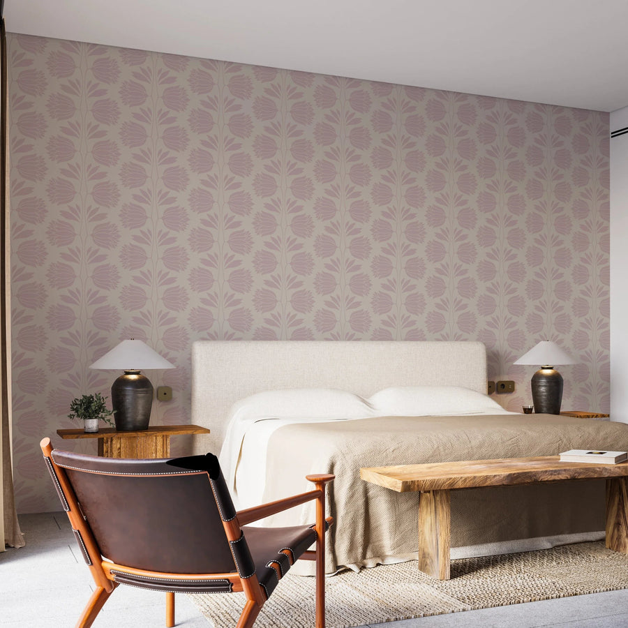 Soft Pink Botanical Wallpaper - Vintage Floral Wall Decor
