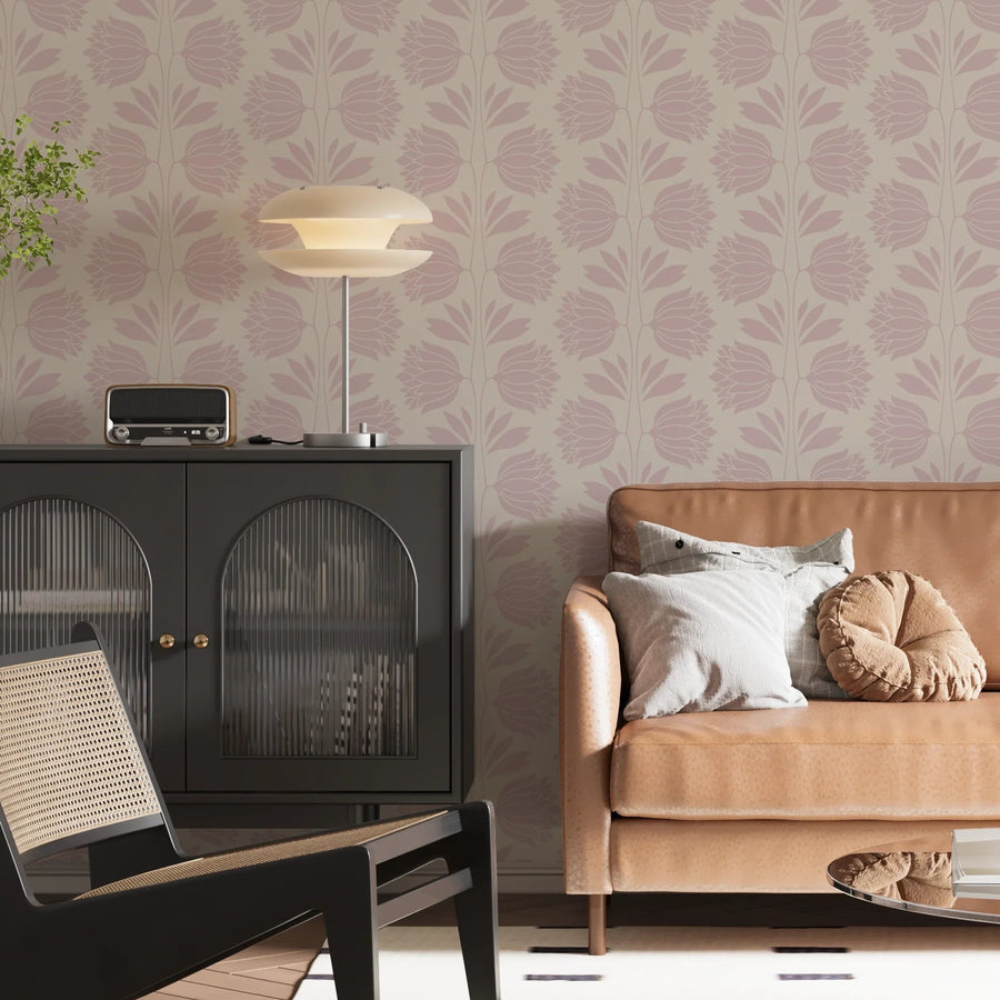 Soft Pink Botanical Wallpaper - Vintage Floral Wall Decor