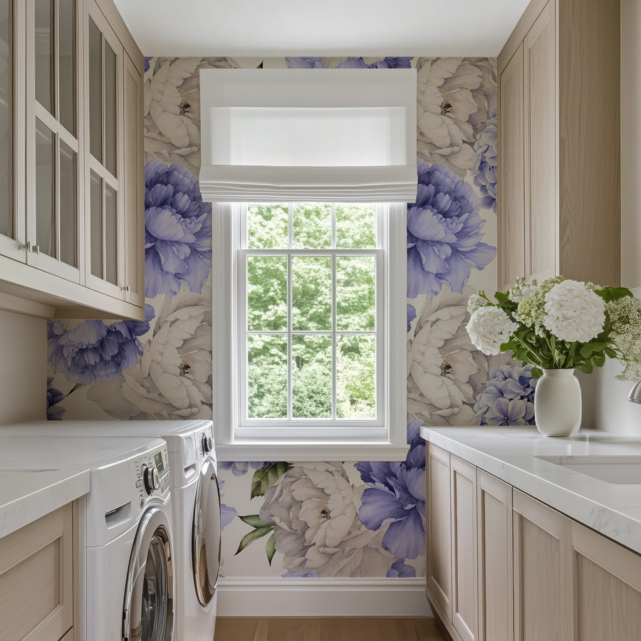 Delicate Blue and Purple Peony Floral Wallpaper Peel and stick Wallpaper