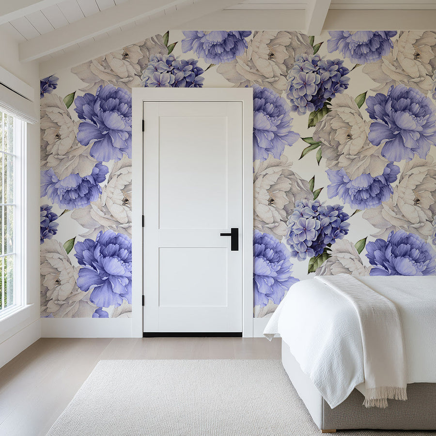 Delicate Blue and Purple Peony Floral Wallpaper Peel and stick Wallpaper
