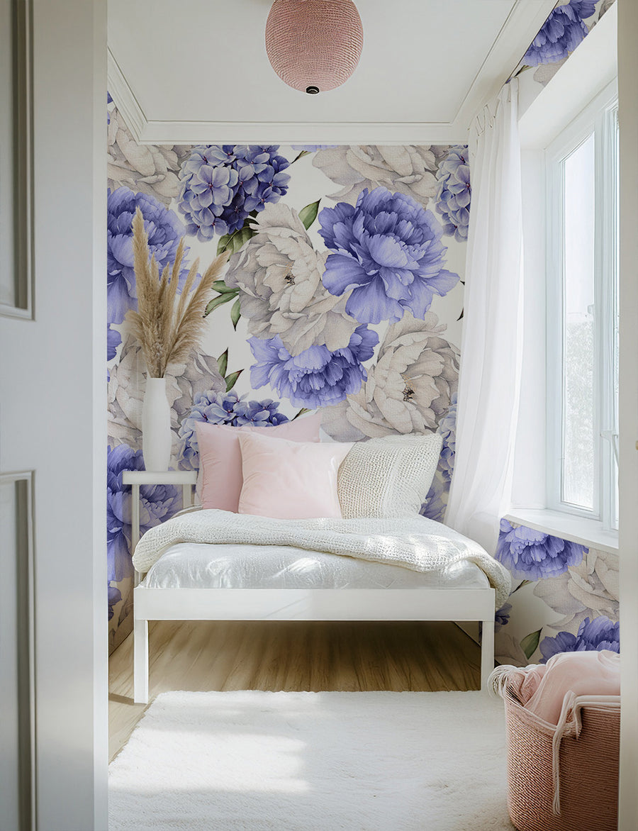 Delicate Blue and Purple Peony Floral Wallpaper Peel and stick Wallpaper