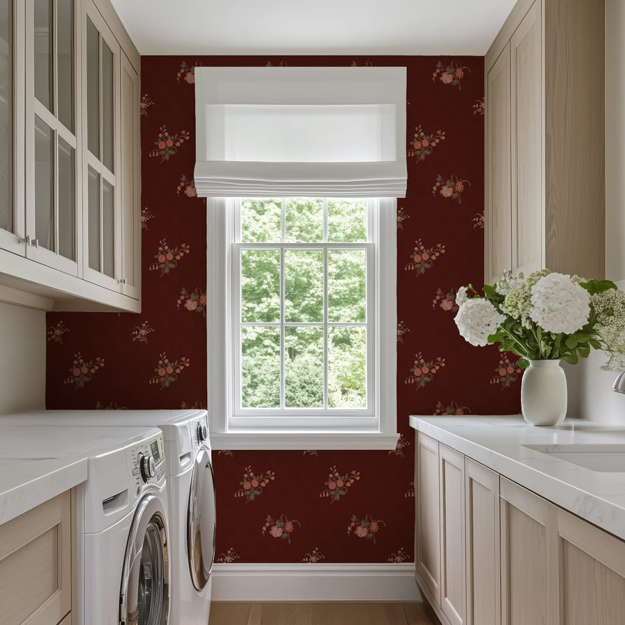 Modern laundry room with Burgundy Heritage Heirloom Floral Wallpaper washer, dryer, and a window.