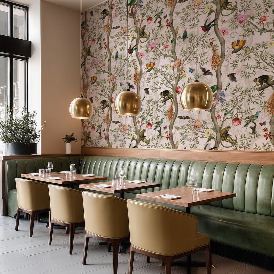 Restaurant interior with Exotic Jungle Chinoiserie Wallpaper with Birds & Monkeys