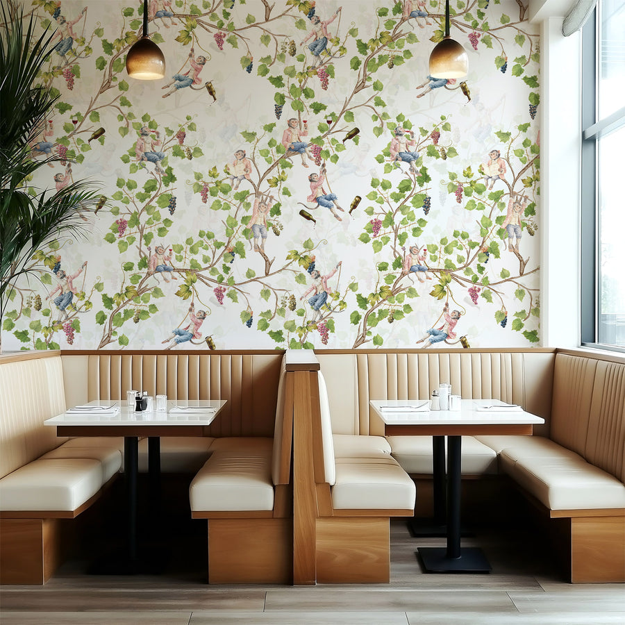 Restaurant interior with wooden booths and Singerie Monkey Wallpaper – Vineyard & Wine Pattern