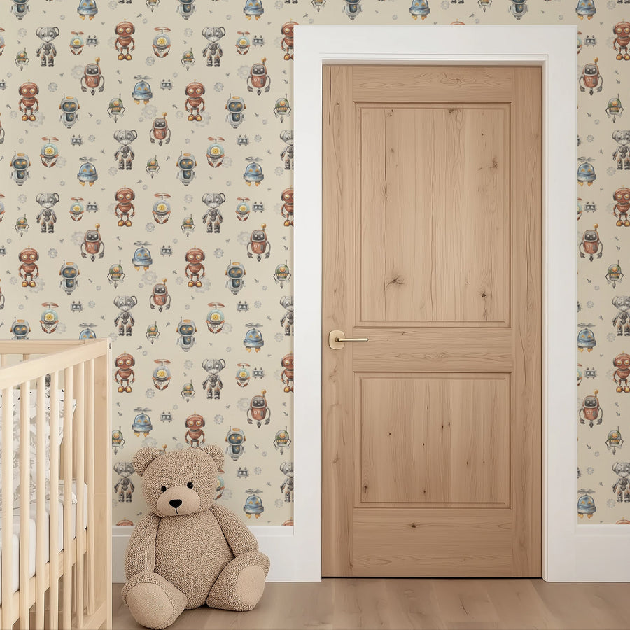 Robots Wallpaper – Playful Kids Room Wallcovering in Watercolor