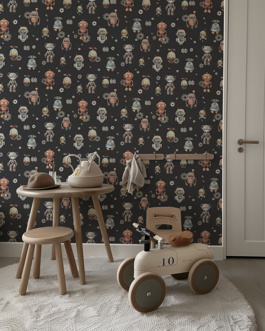 Retro Robot Wallpaper – Playful Kids & Nursery Wallcovering