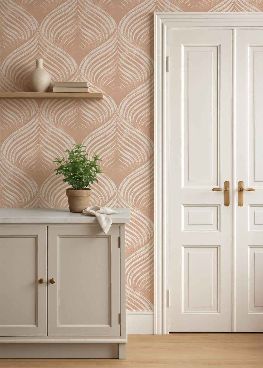 Room interior with Peach & White Scallop Wallpaper - Art Deco Blockprint, wooden cabinet, and white door.