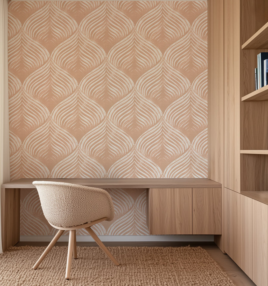 Room interior with Peach & White Scallop Wallpaper - Art Deco Blockprint, wooden desk, and chair.