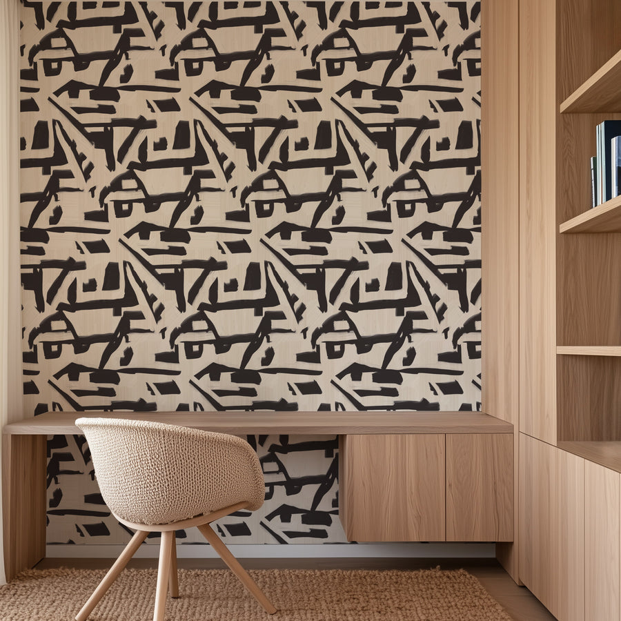 Room interior with a Abstract Brushstroke Wallpaper Cream Black