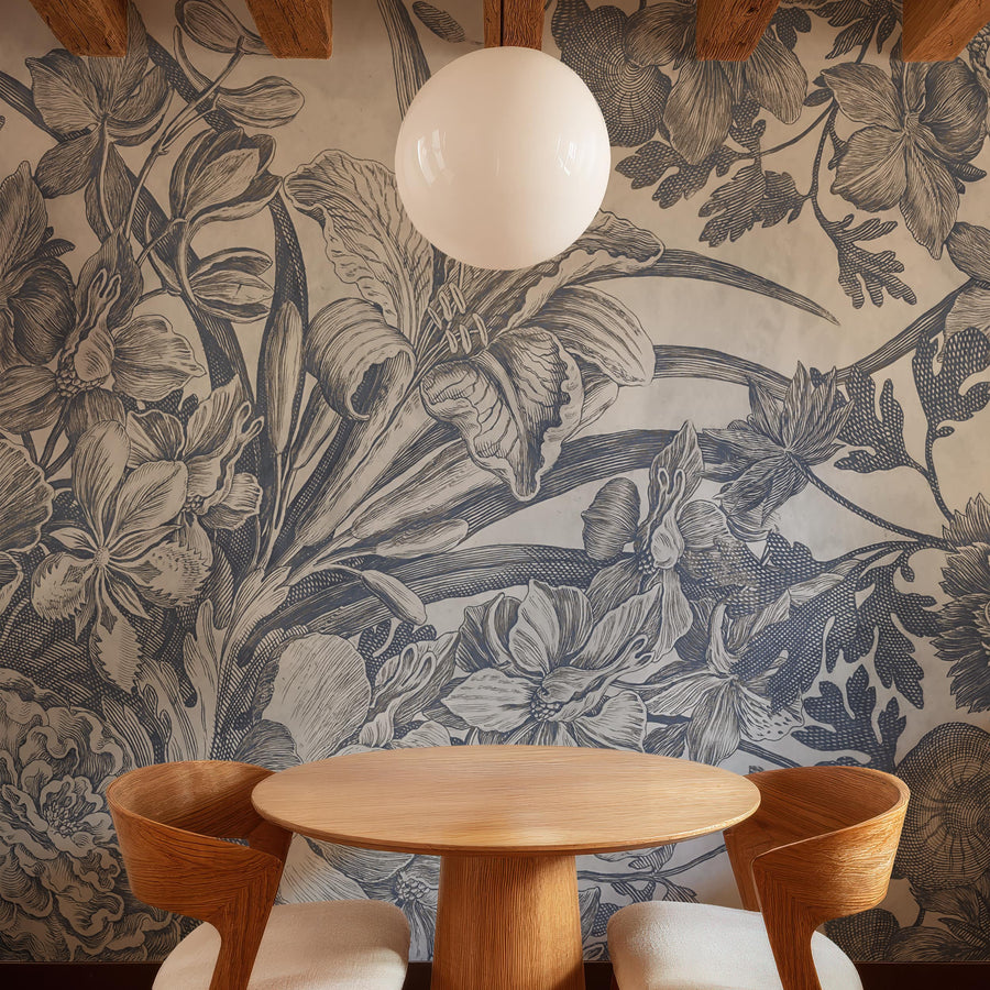 Round wooden table with chairs against Vintage Indigo Botanical Etching Wall Mural