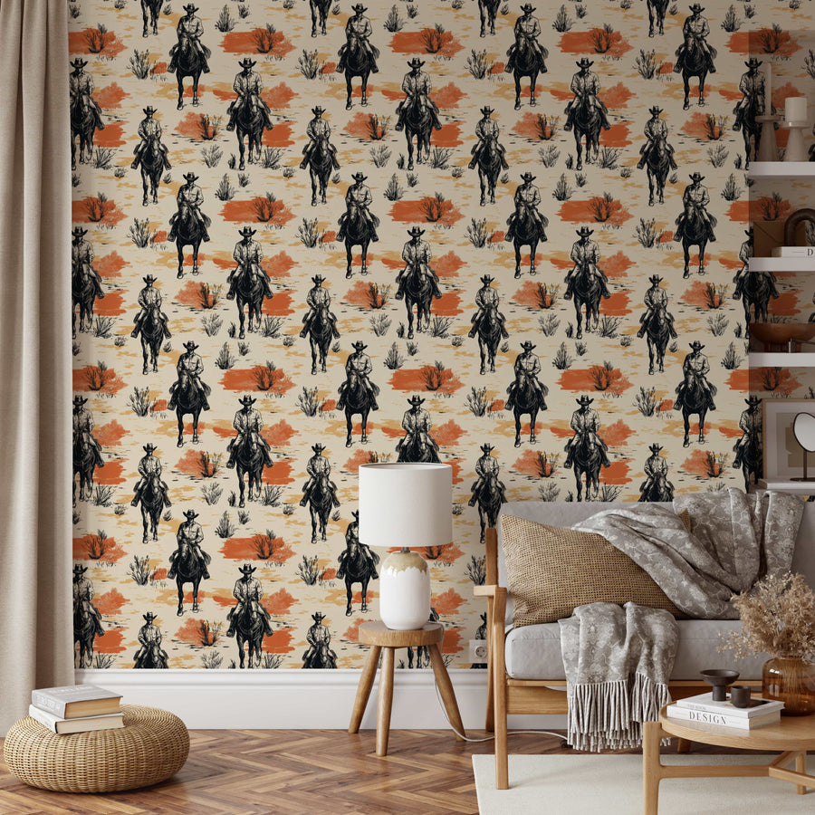 Western Cowboy Wallpaper - Cowboys on Horseback | Luxury or Peel and Stick Wallpaper
