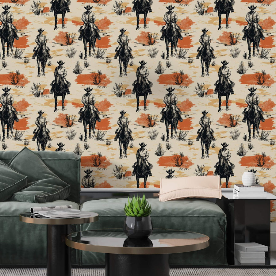 Western Cowboy Wallpaper - Cowboys on Horseback | Luxury or Peel and Stick Wallpaper
