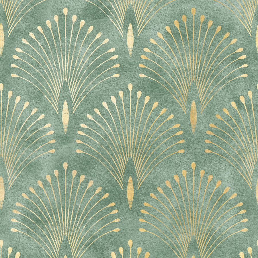 Green Ornamental Art Deco Style Wallpaper Peel and Stick