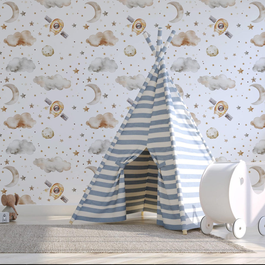 Spaceship Wallpaper For Boys - Soft Clouds and Stars