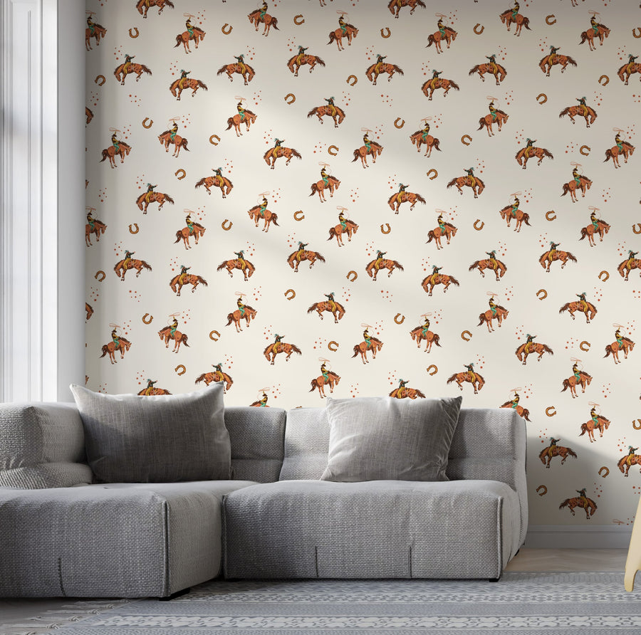 Playful Cowboy Rodeo Wallpaper - Wild West Adventure | Traditional or Peel and Stick Removable