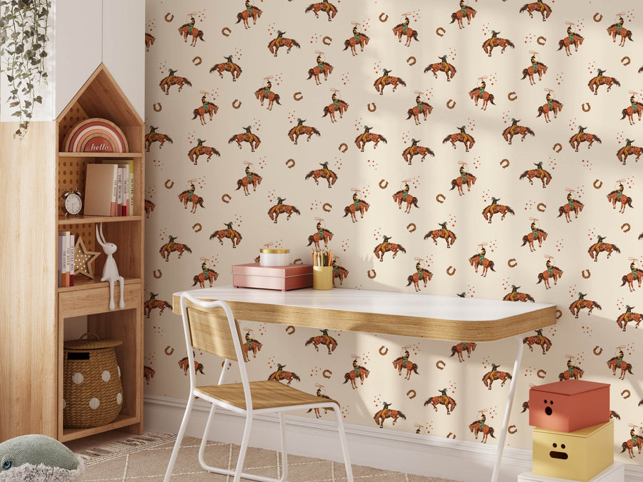 Playful Cowboy Rodeo Wallpaper - Wild West Adventure | Traditional or Peel and Stick Removable
