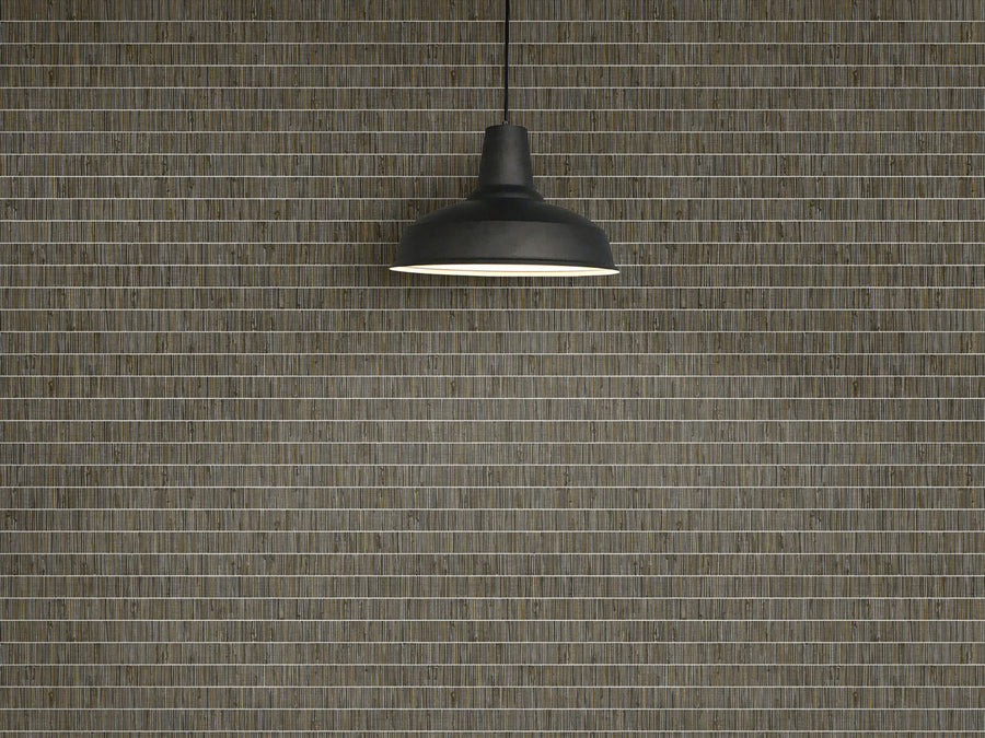 Black pendant light hanging against a textured brown wall.