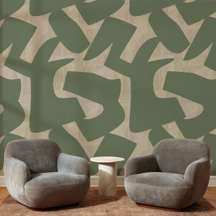 Two gray armchairs in a room with Abstract Intarsia Wallpaper – Sage Green & Cream Textured