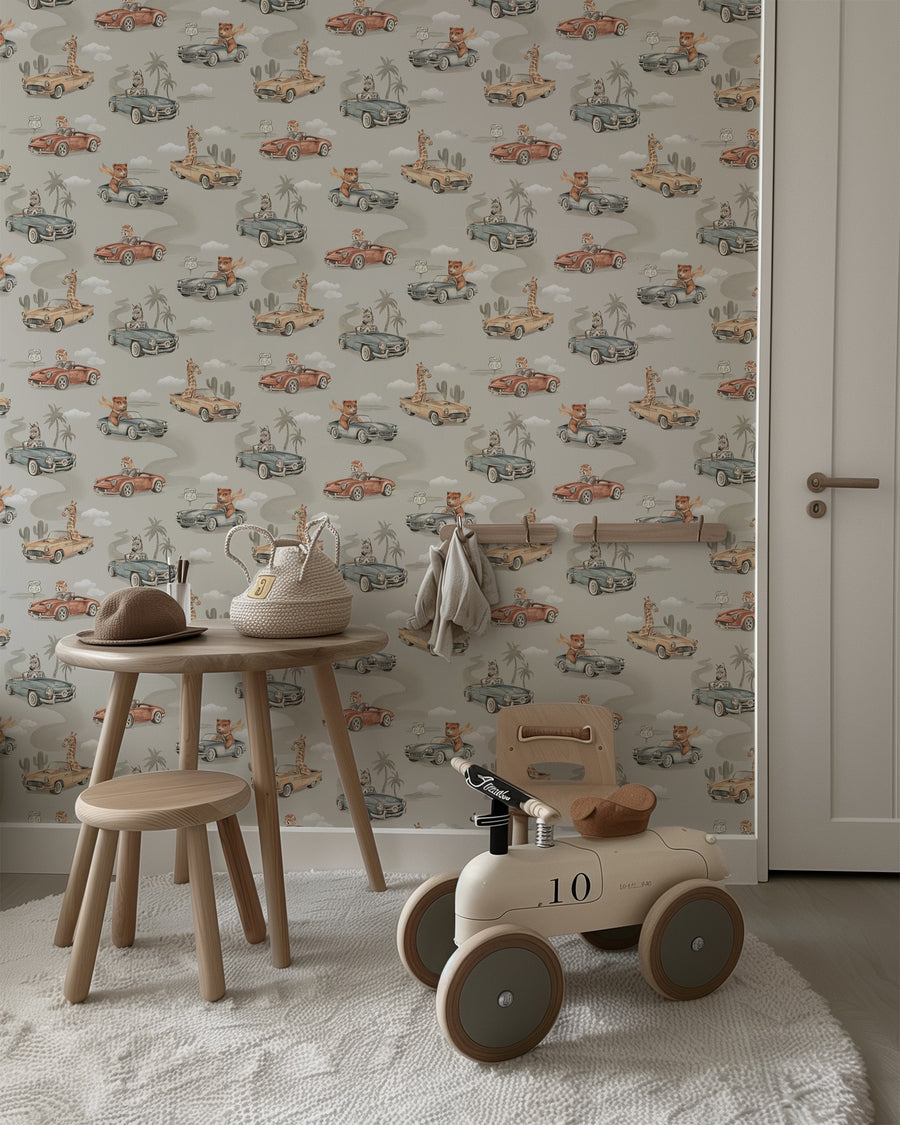 Vintage Car & Animal Nursery Wallpaper – Route 66 Safari Adventure