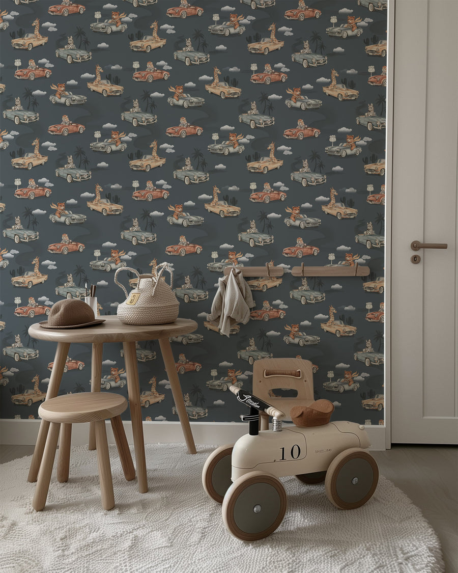 Route 66 Safari Animal Car Wallpaper – Kids Nursery & Playroom Adventure