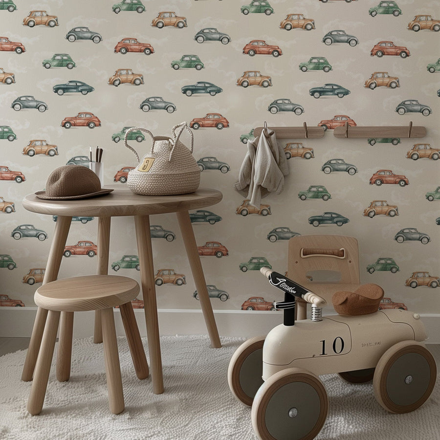 Vintage Cars Kids Wallpaper - Classic Retro in Beige